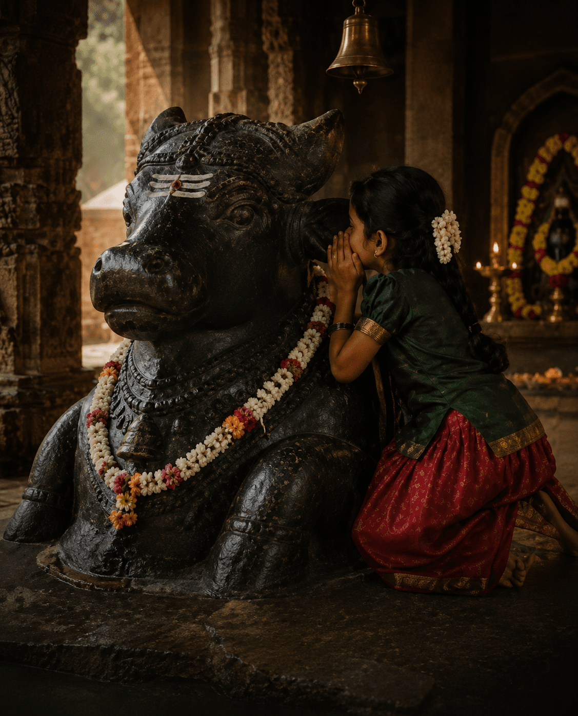 A devotee connecting with the temple through prayer and tradition